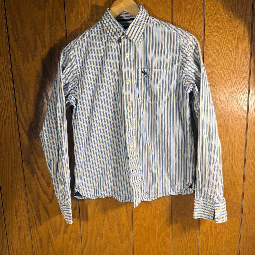 Abercrombie & Fitch Blue and White Striped Button Down Shirt Youth XL